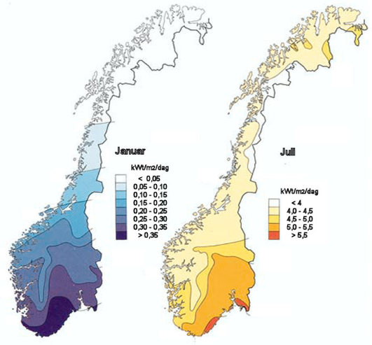 3 PRODUKSJONSTEKNOLOGIER Norge er et langstrakt land som også resulterer i store forskjeller i solinnstråling mellom nord og sør.