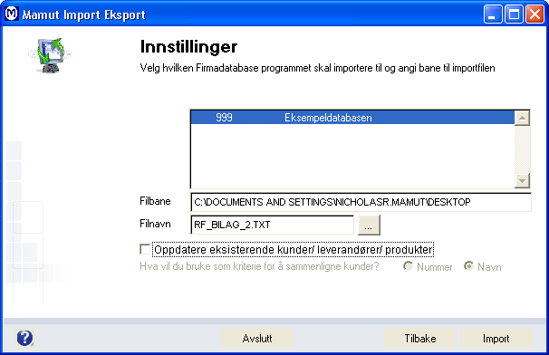 Tips! Hvis du ønsker å gjøre gjentatte importer av samme database, må du krysse av for å Oppdatere eksisterende kunde/leverandør/ produkt. Dette betyr at Mamut Import/Eksport kan brukes for å f.eks. holde to kunderegistre eller produktregistre synkronisert.