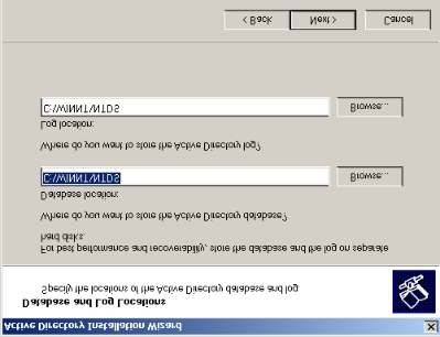 Figur 7: Active Directory Installation Wizard, med Domain NetBIOS navnet DONALD Ved DATABASES AND LOG LOCATION og SHARED