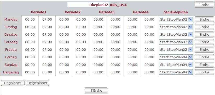 Ukeplaner Kap 2 - Styring g vervåking av anlegg Del 1 - Grunnmdul Side 27 av 87 Bildet viser hvilke start/stp-planer sm gjelder fr ukedagene, samt helgedager (i henhld til angitte helgeplaner) : Navn