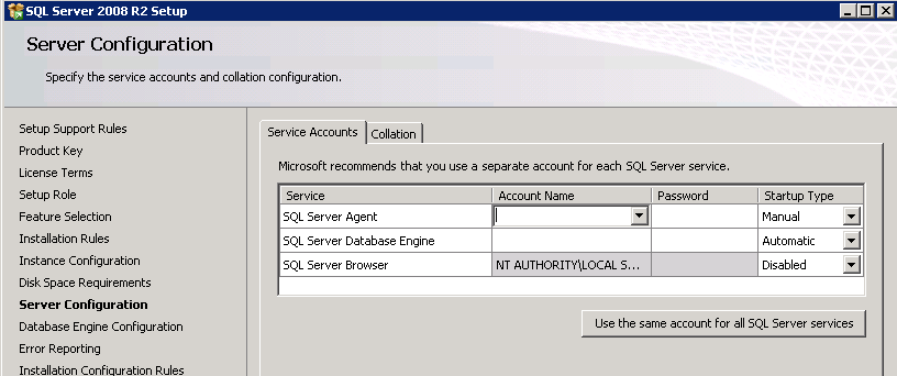 Bilde 22- Screenshot av Feature selection ved installering av MsSql Vår testmaskin er ikke satt opp i domene og vi har kun lokal Administrator konto satt opp.