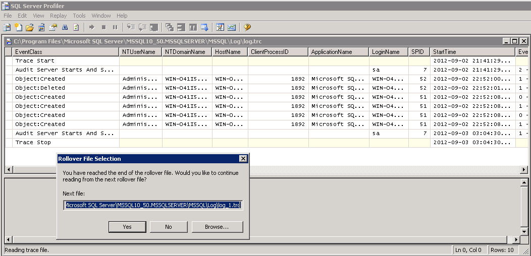 Bilde 33 - Profilerloggfil i MsSQL hentet opp i SQL Server profiler Her kan en reskape en eller flere hendelser i databasen.