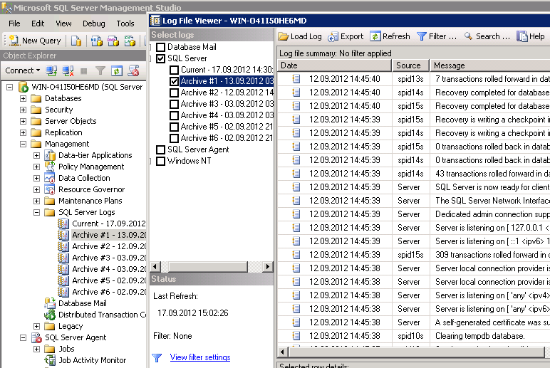 Bilde 34 - Hendelses Logfiler i MsSQL Som vi ser er det en overflod av informasjon i disse logg filene. I tillegg til den loggen som tilsvarer general.