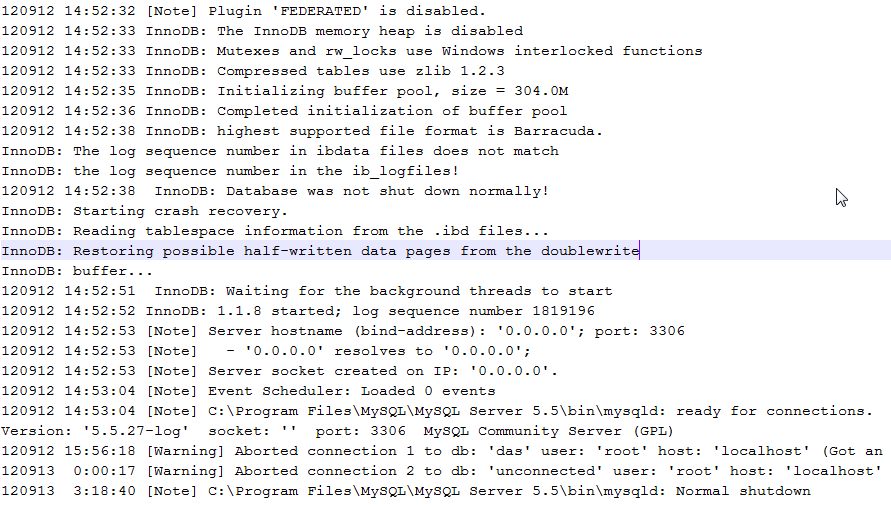 Bilde 36 - Utdrag fra MySqL general.