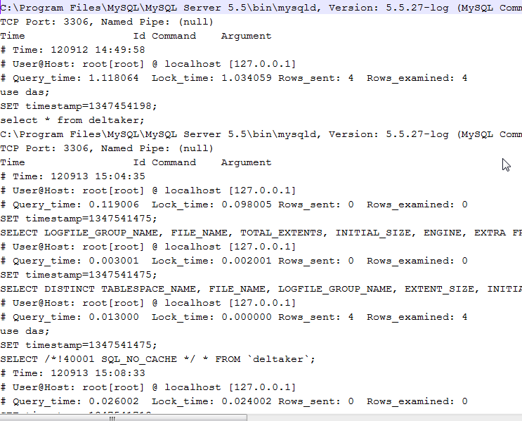 Slow.log registrer alle SQL spørringer som tar mer en x antall sekunder å gjennomføre. I vårt oppsett logges alle spørringer som tar over et sekund. Bilde 38 - Utdrag fra MySQL slow.