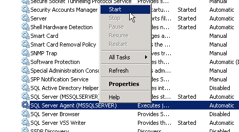 Bilde 77 - Setter SQL Server Agent til å starte automatisk i services. Deretter starter vi servicen.