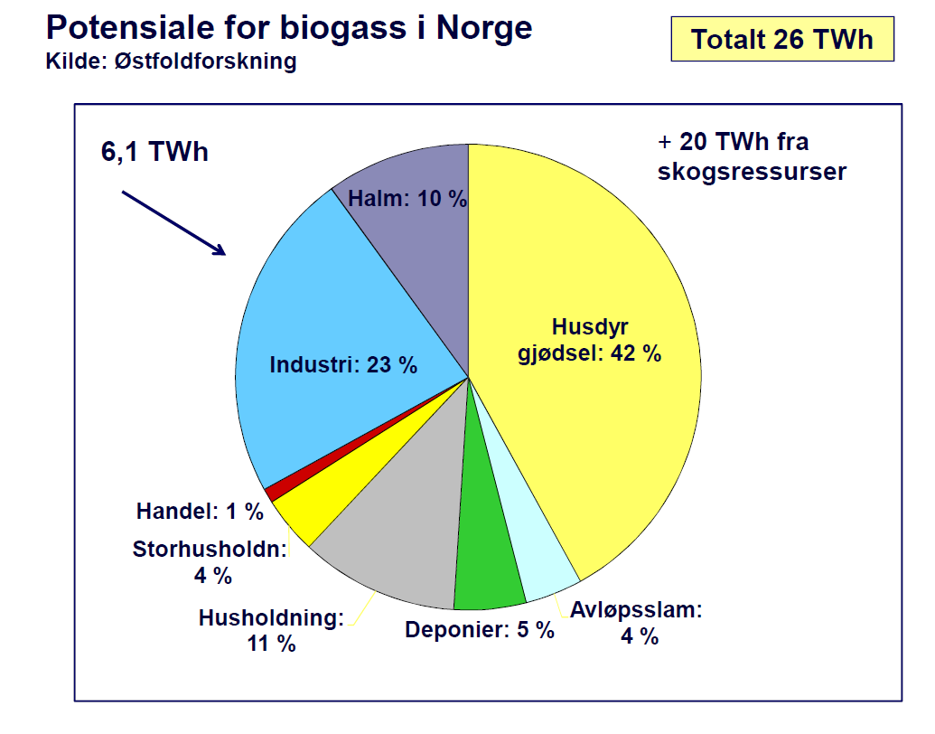 2.2.7 Tilgjengelighet Figur 5: Potensiale for biogass i Norge Figuren viser at det teoretiske energipotensialet fra biogassressurser fra avfall/biprodukter er beregnet til å være nærmere 6 TWh/år.