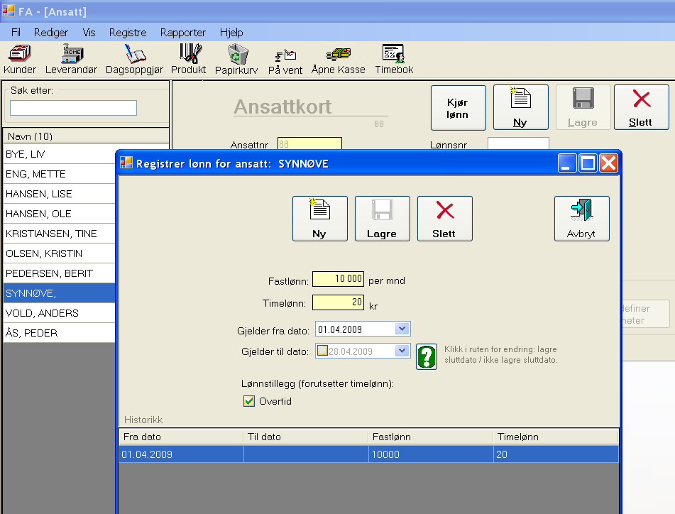 Her har jeg lagret ett eksempel: For å registrere at en ansatt skal benytte denne må du inn på Registrer lønn i ansatt-bildet, jf forrige kapitel.
