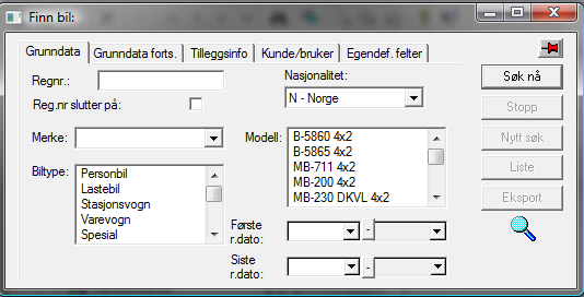 Søk på kjøretøy Ved klikk på kikkerten kommer søkedialogen opp.