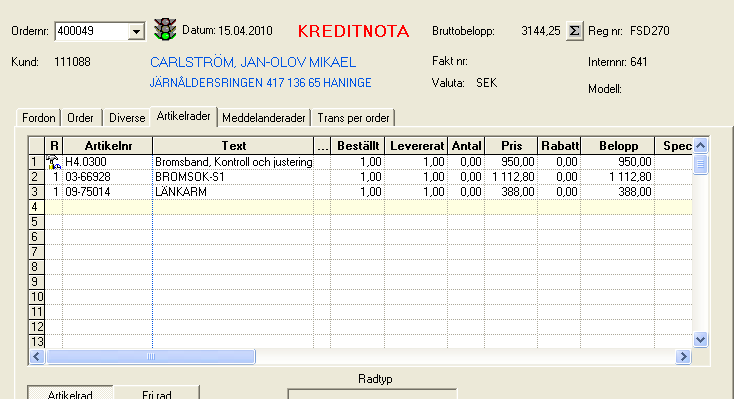 Deretter oppretter MekoEasy kreditordren. Vær oppmerksom på at levert mengde og prisfelt fylles ut med positive tall, det skal altså ikke registreres med negative tall.