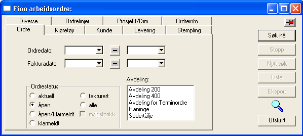 3.9. Spørring på ordre Det er gode søkemuligheter i MekoEasy. Gå til menypunkt for arbeidsordre og klikk på kikkertsymbol i verktøylinjen i programmet. Da framkommer dialogboks vist nedenfor.