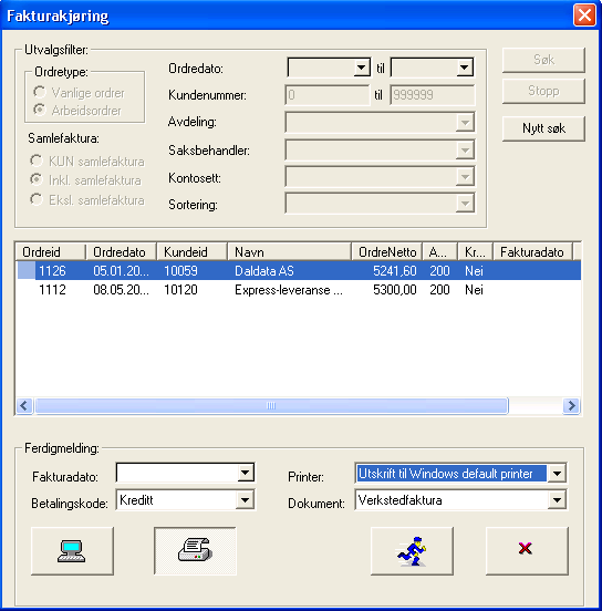 MekoEasy finner de arbeidsordre som er klarmeldt og viser disse i dialogboksen.