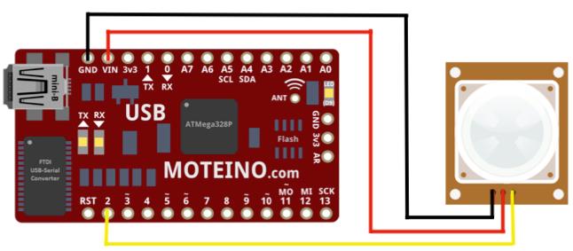 Sensor Moteino-Sensor På sensorsiden har vi valgt å lodde en PIR-sensor fast til en Moteino som skal fungere som en transmitter.