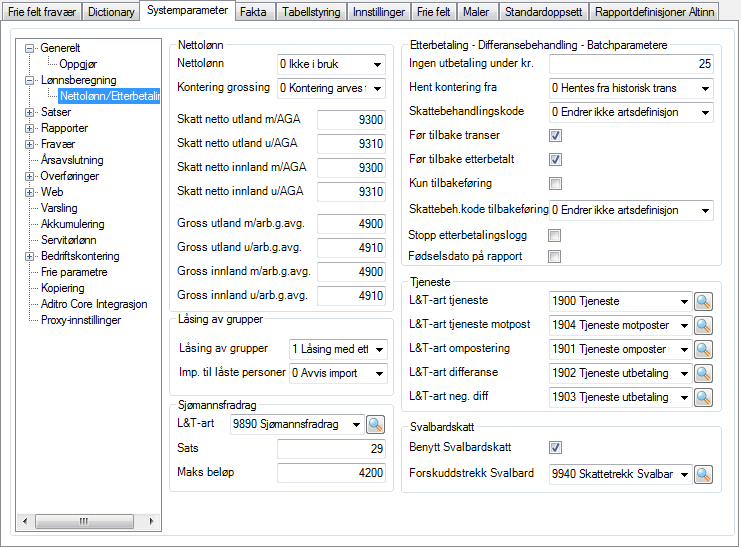 Nettolønn / Etterbetaling Under punktet Nettolønn / Etterbetaling finner du systemparametre som gir informasjon om Nettolønnsberegning - de spesielle lønnsartene som brukes i beregning av nettolønn