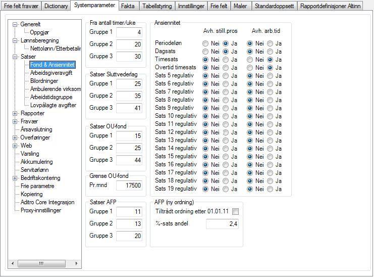 Fond & Ansiennitet Under punktet Fond & Ansiennitet finner du de systemparametre som styrer ansiennitetsberegningen ut fra stillingsprosent eller arbeidstid.