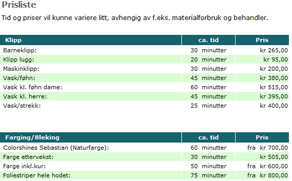 3.2.2.2 Prisliste Prisliste er tilgjengelig i menyen når man ikke er pålogget. Her vises alle behandlingene man kan bestille via nettsiden gruppert under kategorier.