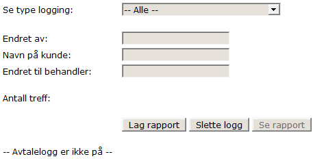 *Avtalelogg På denne siden kan du se hele, søke i eller slette avtaleloggen. Hvis avtalelogg er slått på vil alle avtaler og endringer av avtaler både fra kunde og behandler logges.