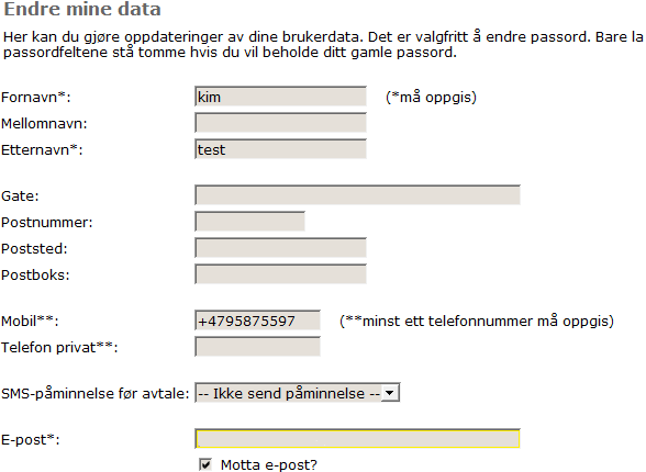 3.2.2.10 Endre mine data Endre mine data er tilgjengelig når man er pålogget som en ansatt eller kunde.