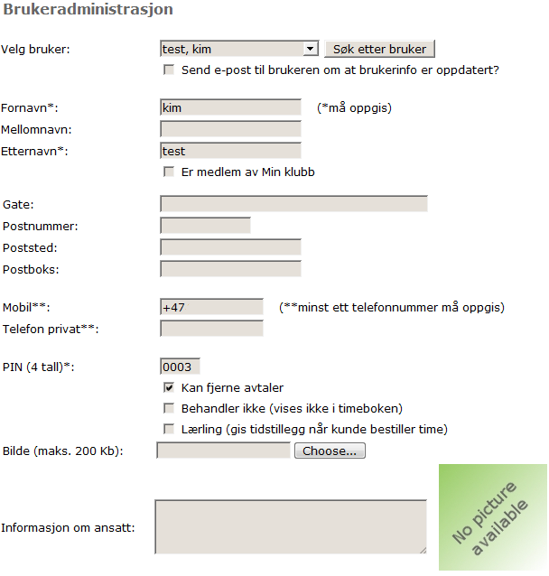 Når en ansatt er valgt har man muligheten til å endre: - Personalia for den ansatte - Brukernavn - Passord - Pin kode - Bilde - Informasjon om den ansatte - E-post - Om den ansatte kan fjerne avtaler