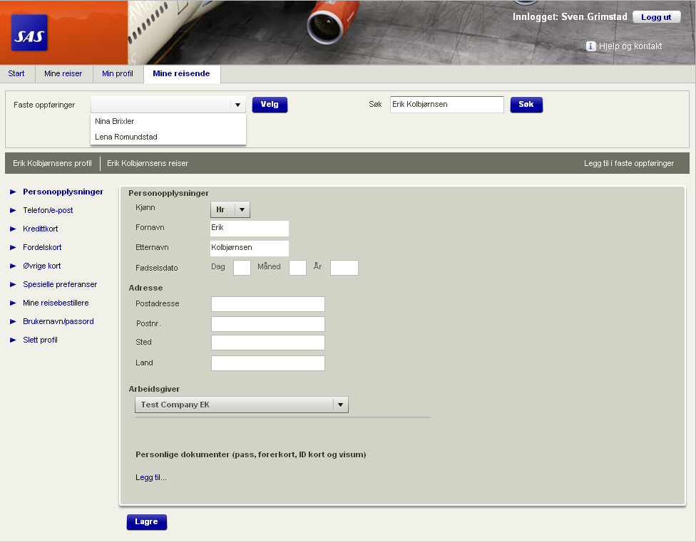 Mine reisende: Her kan du søke opp reisende med personprofil for å oppdatere profilen og gå inn på den enkeltes reiser.
