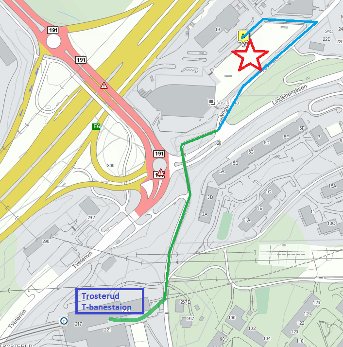 Veibeskrivelse Avstand Gardermoen: 40 km. Avstand sentrum: 10 km. Kollektivt: Kort vei til t-banens linje 1 og 2, Trosterud stasjon: 1.