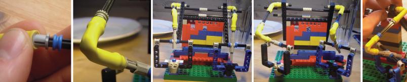 Figur 2.1: Kule-i-kule-ledd med og uten øye, samt en simulering av bevegelse gjort i NX 2.5 Gummiledd Gjennom bygging av modeller, da spesielt med tanke på en Legomodell (se Figur 2.