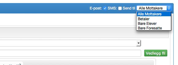 Skriv beskjeden velg om det både skal sendes e-post og sms. Hvis begge velges skal det også skrives en sms beskjed. Via dropdown Send til ved siden av E-post og sms er det mulig å velge mottakere.