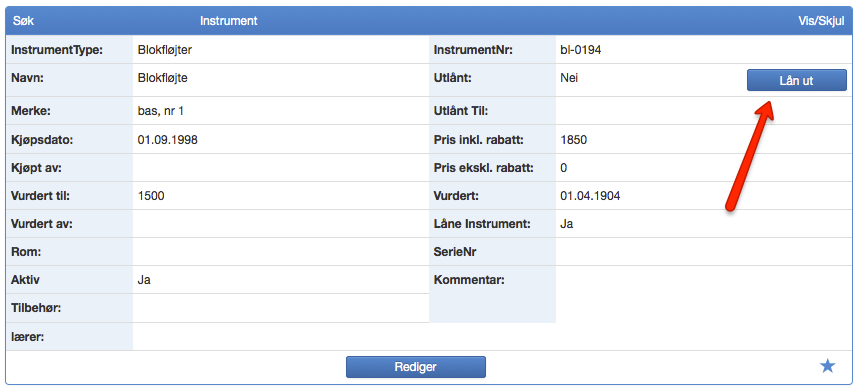 Oppretter jeg et Instrumet? Søk Instrument, klikk på Nytt Instrument. Fyll ut de ønskede opplysninger, og velg om instrumentet er et Låne Instrument.