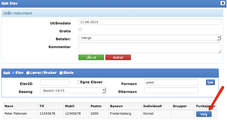 Velg den ønskede elev og velg om instrumentet skal lånes