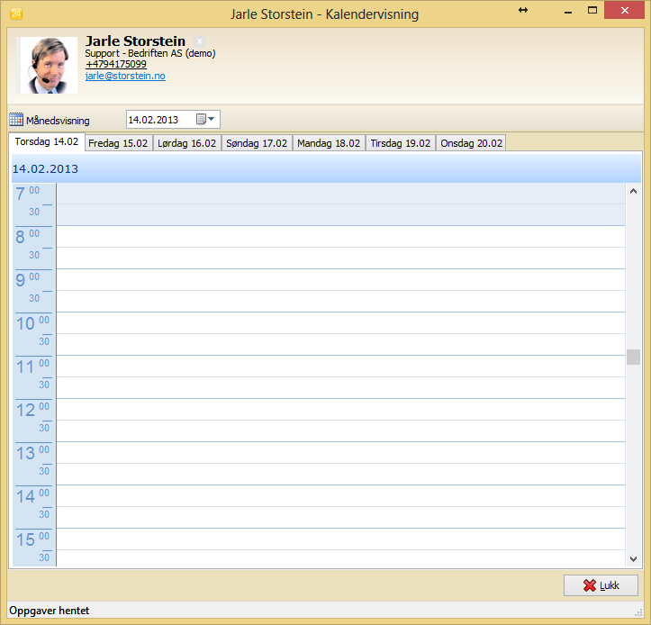 Det vil da hentes kalenderdata for operatøren, og disse vises i et nytt vindu: Det er standard at andre operatører får se kalenderen for en uke fram i