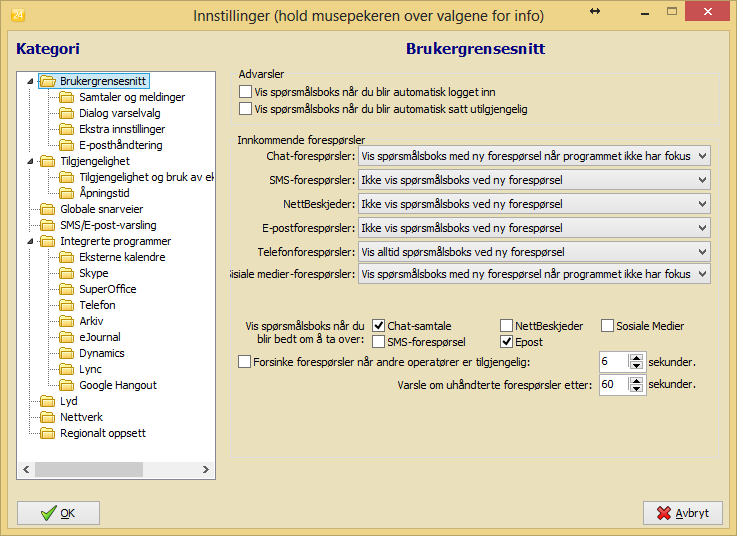 Innstillinger For å endre innstillinger i programmet, velg Fil/Innstillinger på menyen øverst.