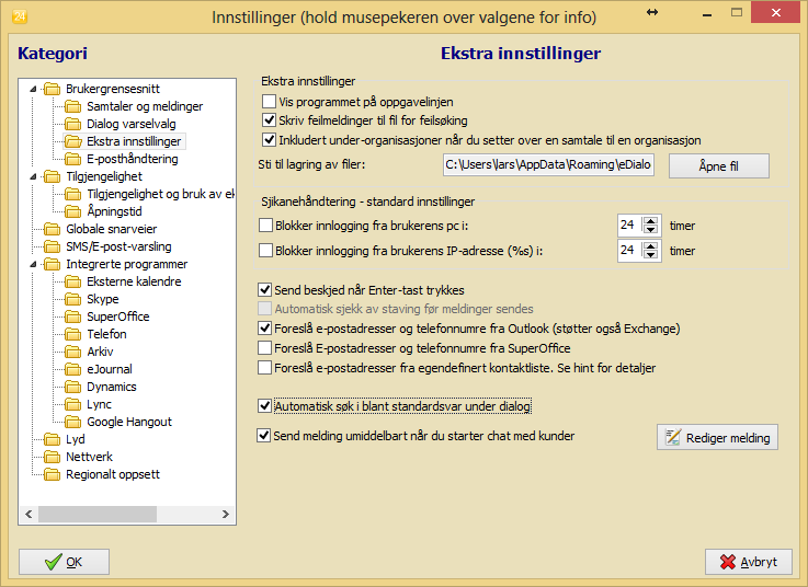 E-posthåndtering Her setter man innstillingen for om man