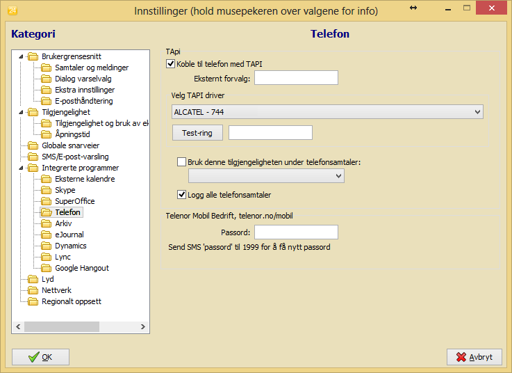 Telefon Kobling mot Alcatel Pimphony og/eller Telenor Mobil Bedrift settes opp her.