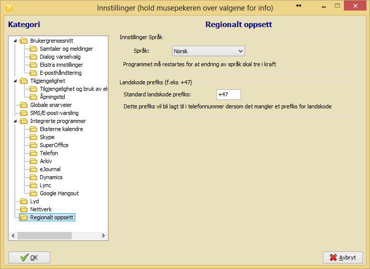 Regionalt oppsett Her kan du velge hvilket språk som skal brukes i edialog24 Operator. I tillegg kan du angi hvilken landskode som skal legges til telefonnummeret når du ringer med Skype og SkypeOut.