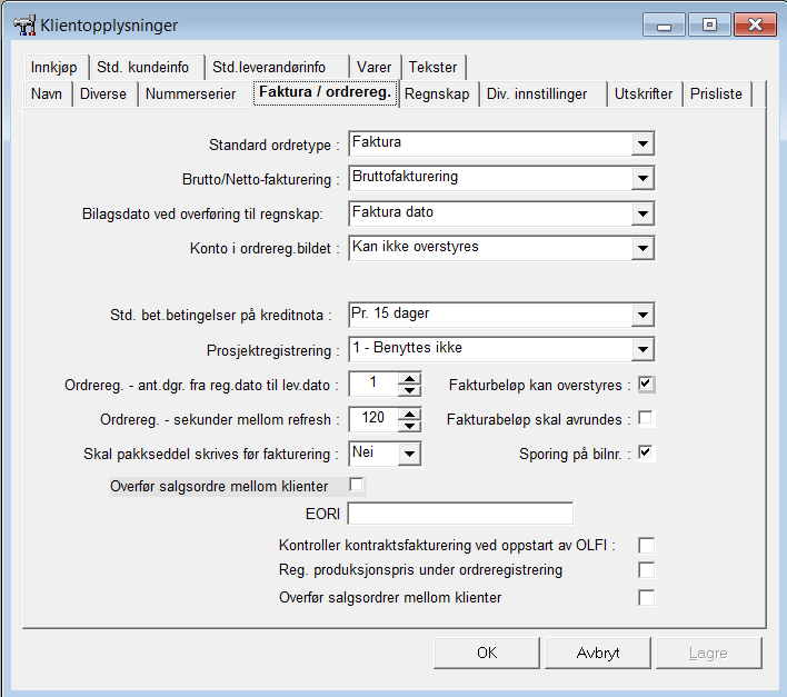 Faktura/Ordrereg. Innstillingene på dette skillearket styrer hvordan registrering av ordre/faktura foregår.