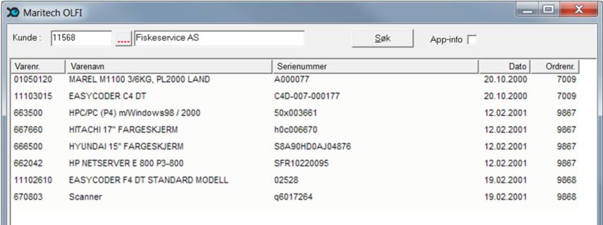 Kunde/serienummer Her har du mulighet for å søke opp alle varer med serienummer som er solgt til en valgt