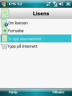 B R U K E R V E I L E D N I N G Slik avslutter du abonnementet på Kaspersky Mobile Security 9.0: 1. Velg Meny Ekstra. Vinduet Ekstra åpnes. 2. Velg elementet Lisens. Vinduet Lisens åpnes. 3.