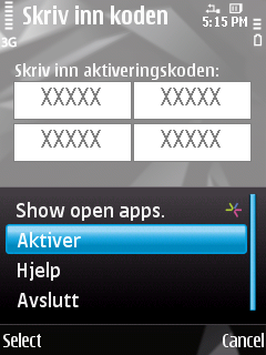 K A S P E R S K Y M O B I L E S E C U R I T Y 9. 0 F O R S Y M B I A N OS 4. Velg Alternativer Skriv inn kode. Aktiveringsvinduet for Kaspersky Mobile Security 9.0 åpnes. 5.