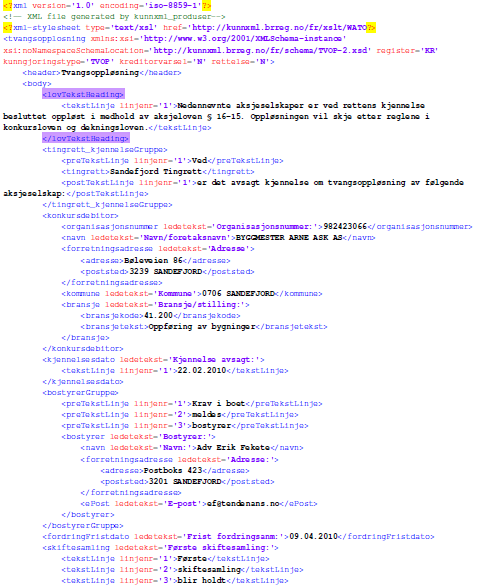 Vedlegg C Xml kunngjøring fra