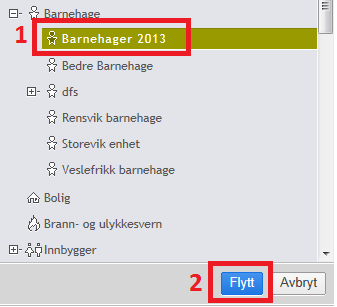 3) Velg organisasjonsenheten den aktuelle enheten skal flyttes til (1) og trykk på Flytt (2).