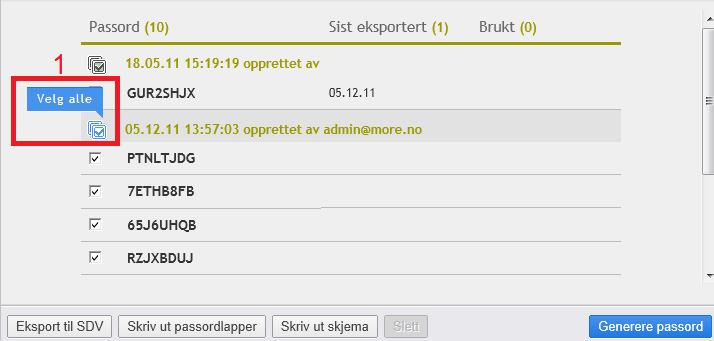 6) Marker antall passord du ønsker å skrive ut, alle passordene kan markeres ved å trykke på knappen for Velg alle (1).