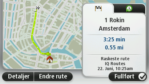 Trykk på Skift rute for å planlegge en annen rute. TomTom Start-enheten begynner umiddelbart å veilede deg til reisemålet ved hjelp av talte instruksjoner og instruksjoner på skjermen.