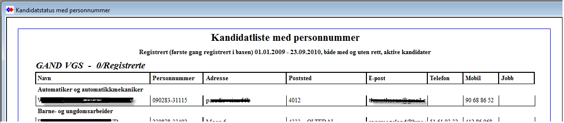 Personnummer liste Periode er for valget i Status Sideinndeling pr. skole/linje.