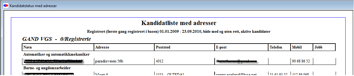 Adresseliste Periode er for valget angitt i Status Sideinndeling pr. skole/linje.