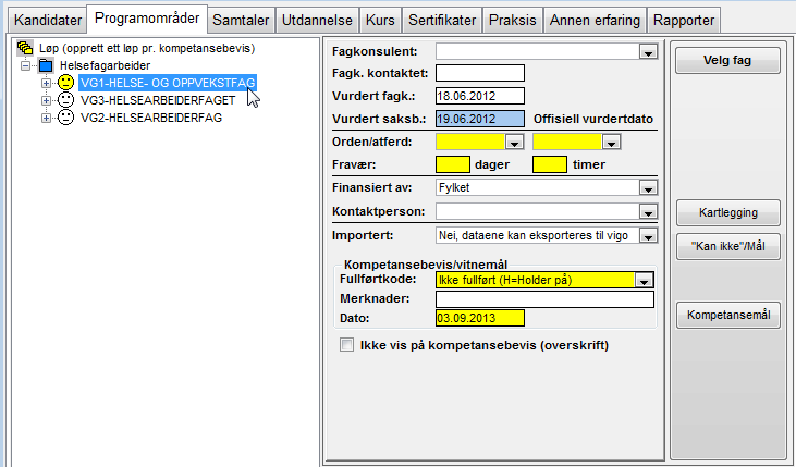 2. Struktur og organisering av opplysninger innen et løp Hovednivået for kandidatens vei og aktivitet frem til ønsket kompetanse registreres og vises på toppnivået Løp ( CNC-operatør ).