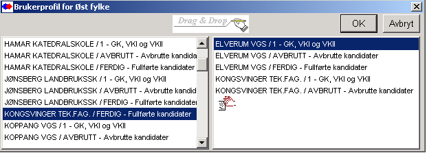 Menyvalget Fil/Bruker Profiler. I vinduet Brukerprofiler lages ny brukerprofil med verktøyknappen Ny post (Insert) og deretter skrive inn et navn på ny brukerprofil.