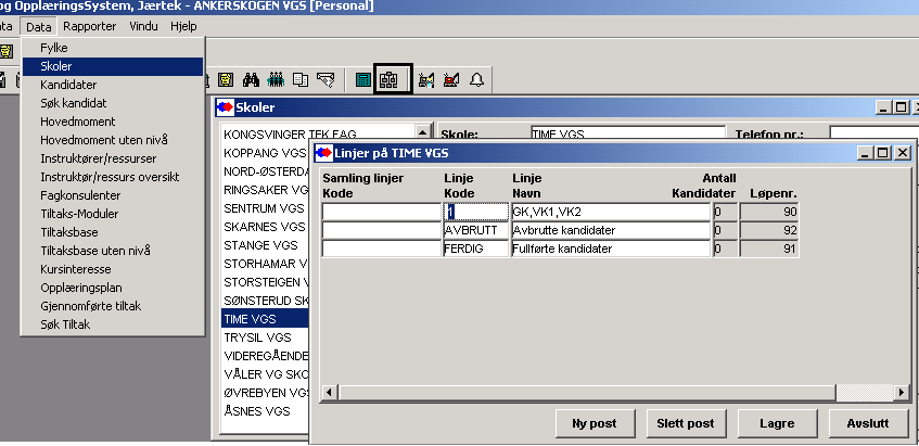 Hovedmenyvalget Data/Skoler. Alle fylker er registrert fra installasjonen i tabellen under Data/Fylke og trenger normalt ikke å bearbeides.