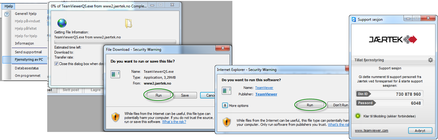 Support og fjernhjelp Med denne funksjonen kan vi utføre fjernhjelp i programmet på din maskin. Funksjonen startes med telefon-dialog for utveksling av ID og passord samt bekreftelse på OK for adgang.