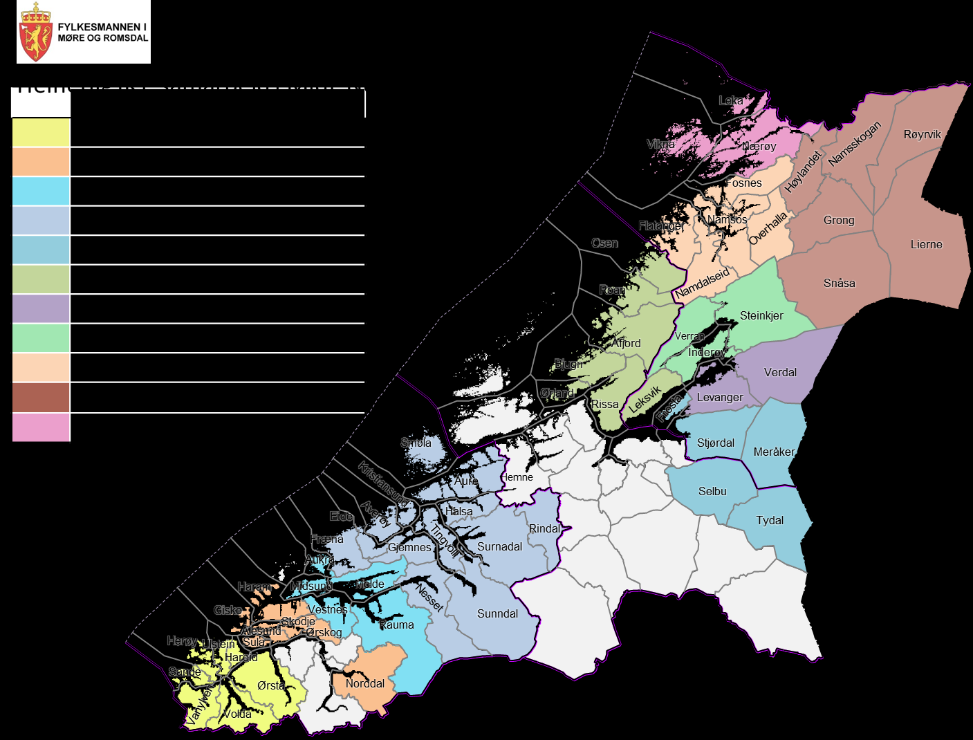 Figur 2.7 Forekomst av helhetlig IKT-samarbeid i Midt-Norge 2.4.4 Samarbeid om helse- og omsorgstjenester Innenfor helse- og omsorg er det registrert 29 formelle samarbeidsordninger. Her inngår bl.a. samarbeid om legevakt og nye typer kommunehelsetjenester som vokser fram som følge av samhandlingsreformen.