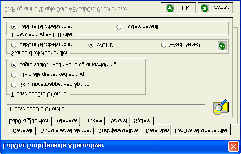 Tilpass LabOra utforsker Velg hvordan mappestrukturen skal være når Utforskeren skal åpnes. Standard tekstbehandler Velg om LabOra, Microsoft Word eller WordPerfect skal være standard tekstbehandler.